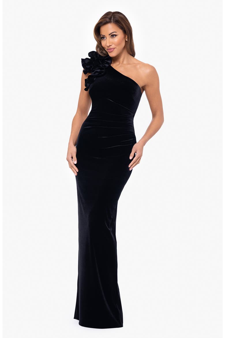 One-Shoulder Ruffle Stretch Velvet Gown, Alternate, color, BLACK