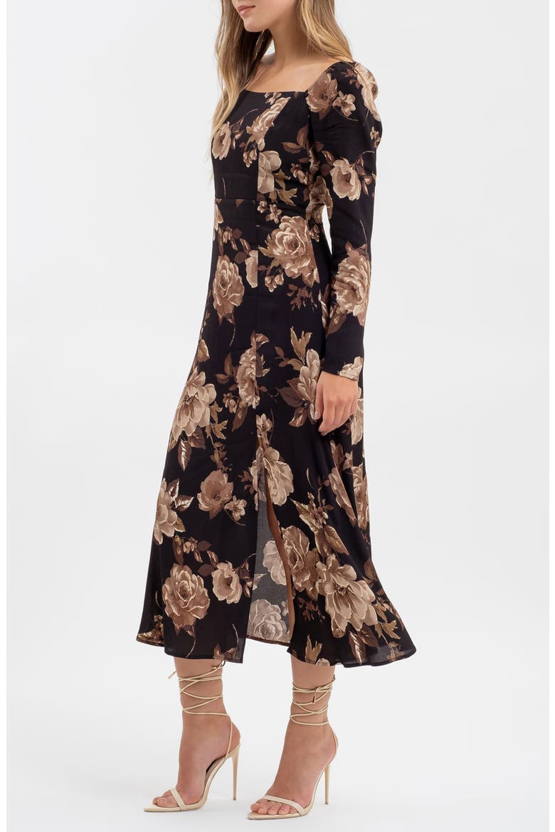 Floral Long Sleeve Midi Dress, Alternate, color, BLACK MULTI