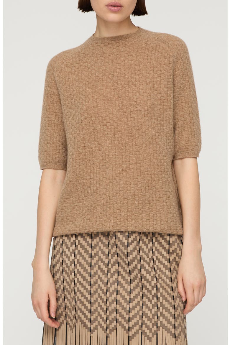 Basket Stitch Saddle Shoulder Cashmere Sweater, Main, color, CAMMELLO MELANGE