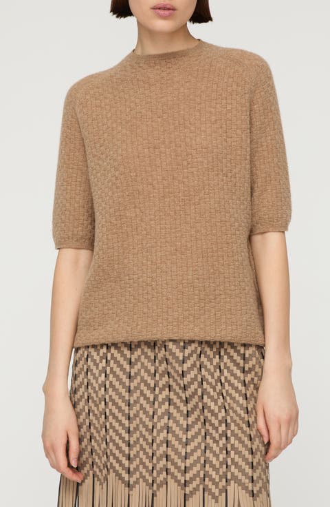 Basket Stitch Saddle Shoulder Cashmere Sweater