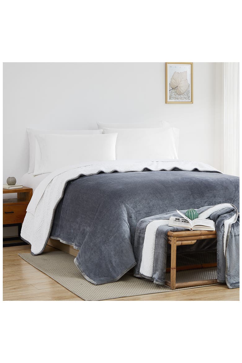 Microfleece Faux Shearling Lined Reversible Throw Blanket - 50" x 70", Alternate, color, SLATE