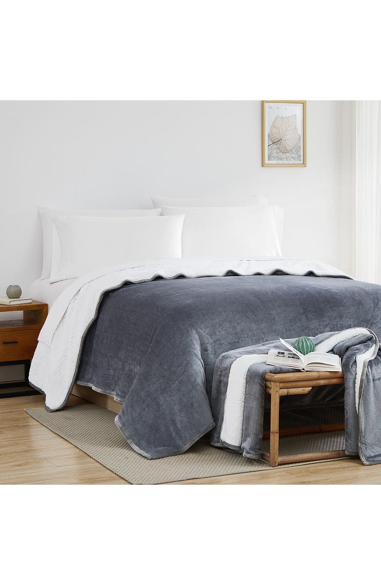 SOUTHSHORE FINE LINENS Microfleece Faux Shearling Lined Reversible Throw Blanket - 50" x 70", Alternate, color, Slate