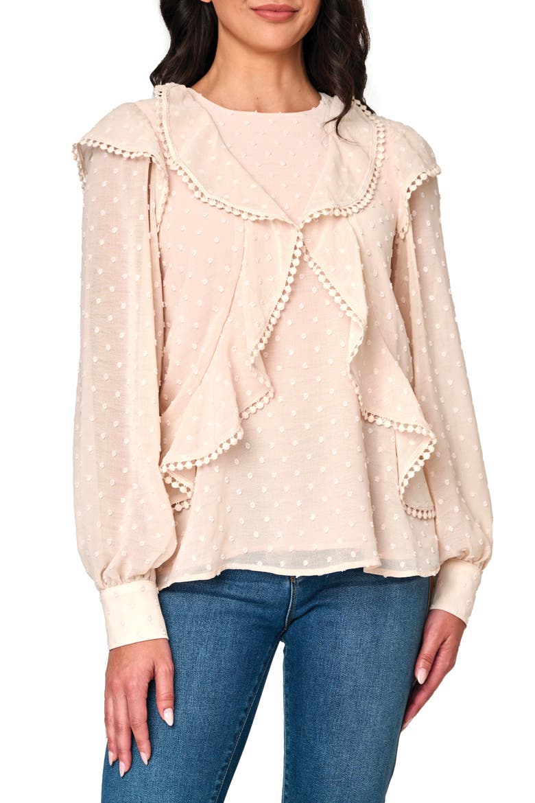 Ophelia Ruffle Clip Dot Chiffon Top, Main, color, SHELL PINK