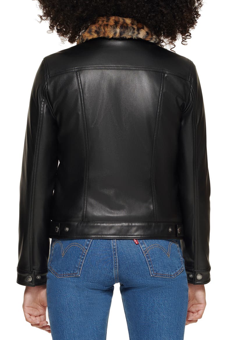 Levi's® Faux Fur Collar Faux Leather Trucker Jacket, Alternate, color, LEOPARD BLACK
