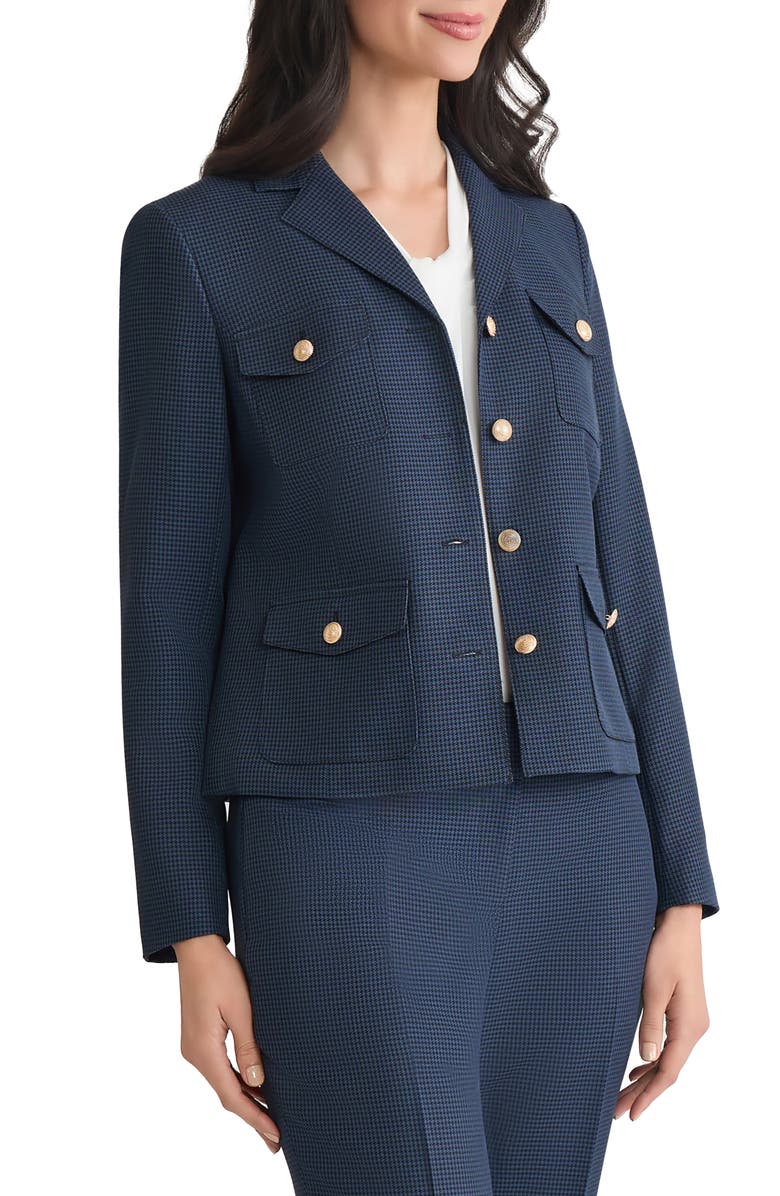 KASPER Houndstooth Check Military Jacket, Alternate, color, Blue Night/ Black