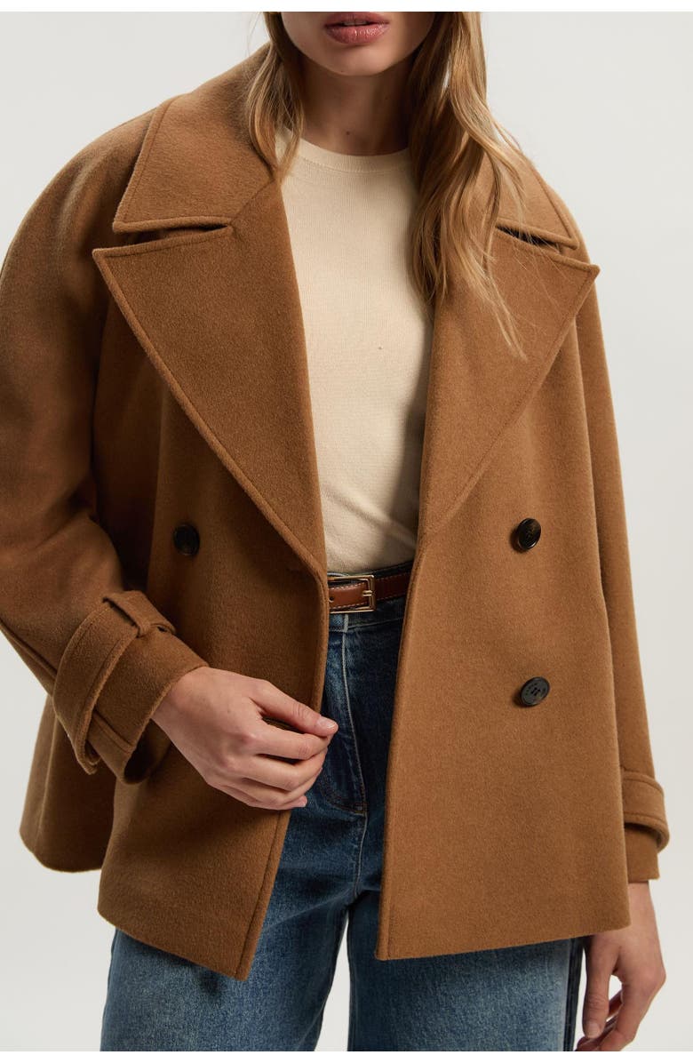 Karen Millen Brushed Wool Double Breasted Short Coat, Alternate, color, Camel