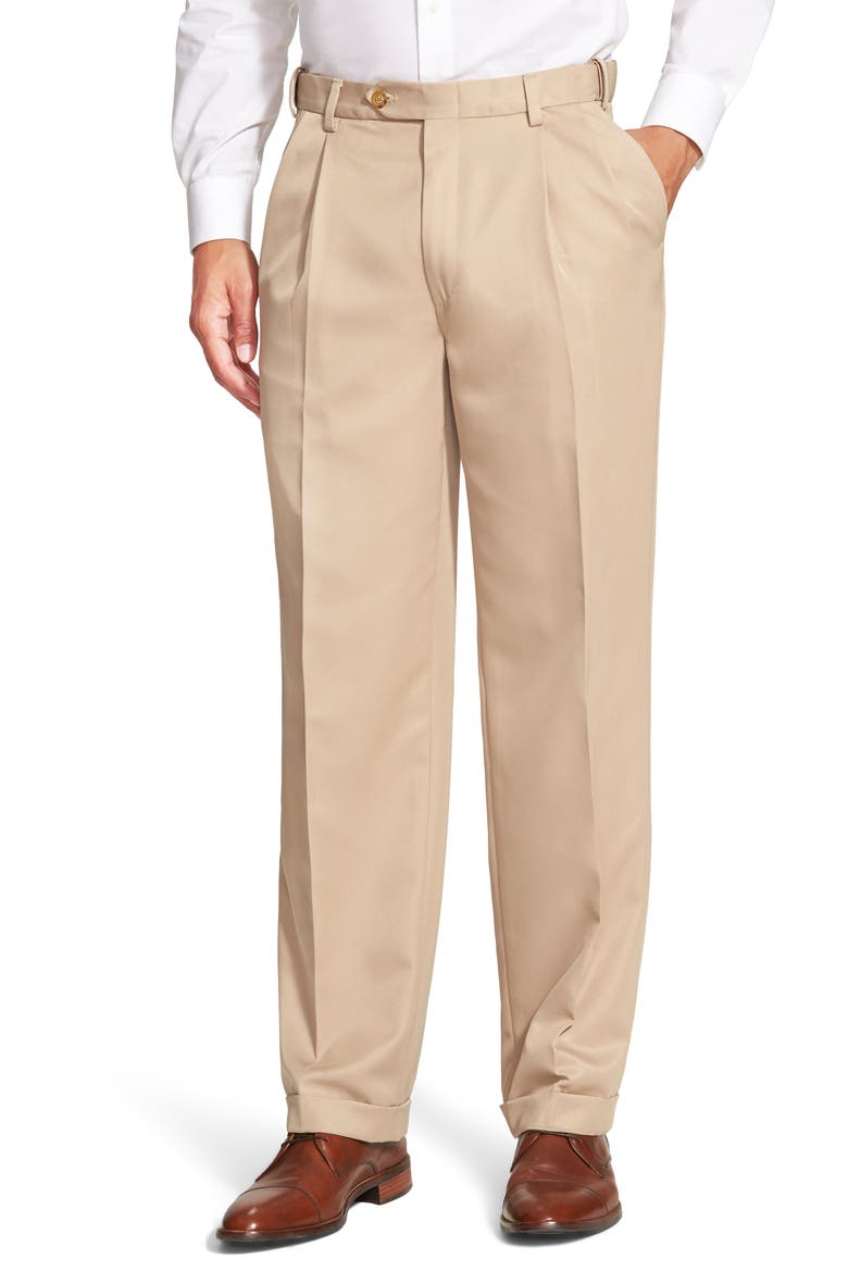 Self Sizer Waist Pleated Classic Fit Microfiber Trousers, Main, color, TAN