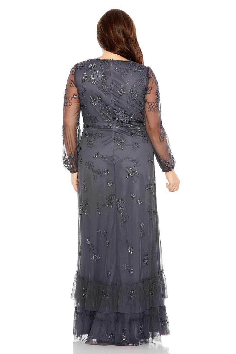 Puff Sleeve V-Neck TIered Embellished Gown, Alternate, color, Charcoal