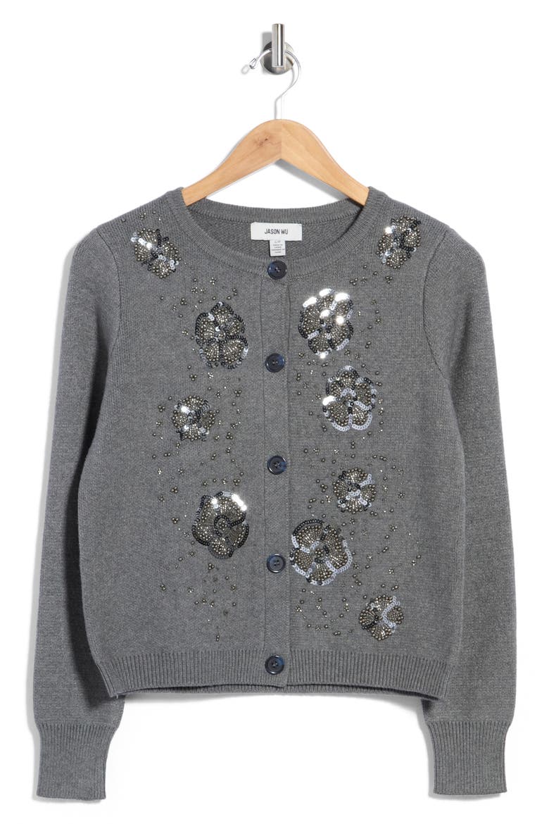 Floral Beaded Cardigan, Main, color, MEDIUM HEATHER GREY