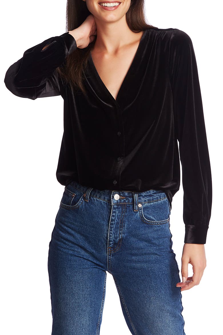 V-Neck Velvet Button Front Top, Alternate, color, RICH BLACK