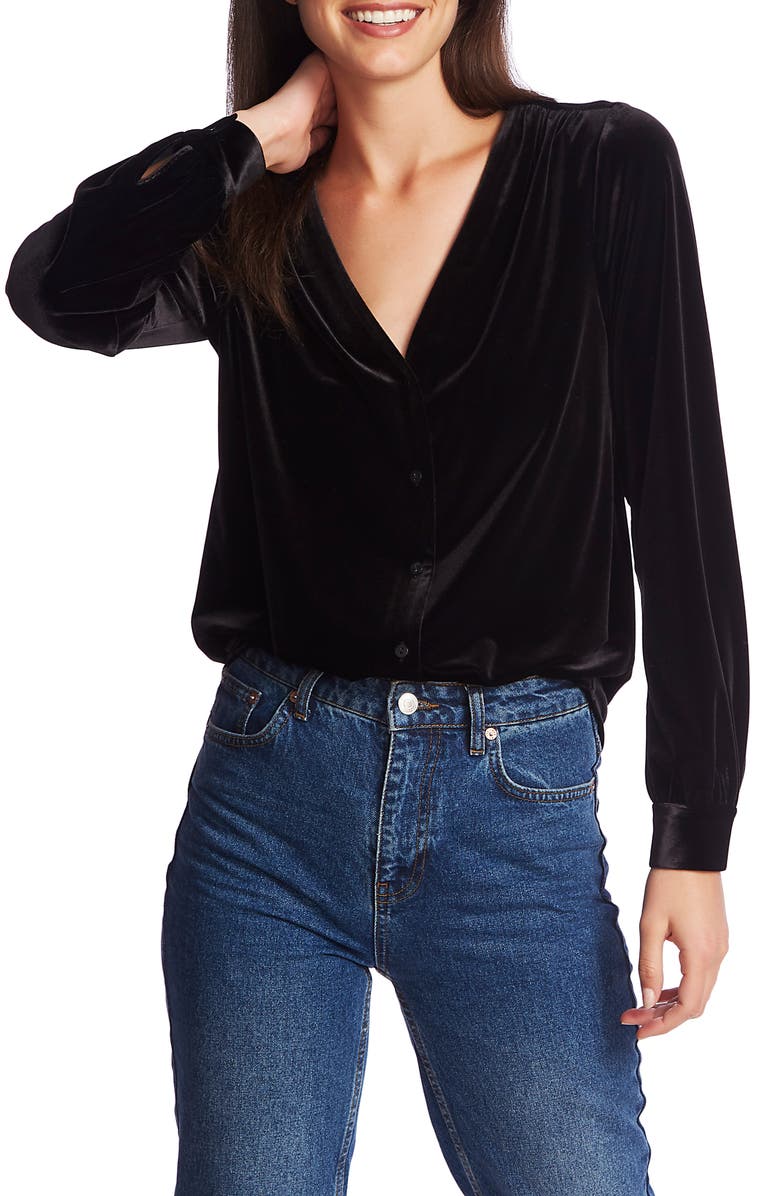 1.STATE V-Neck Velvet Button Front Top, Alternate, color,