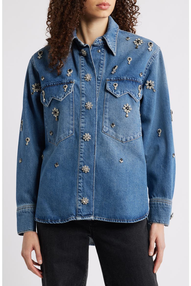 Enna Embellished Denim Snap-Up Shirt, Alternate, color, VINTAGE INDIGO