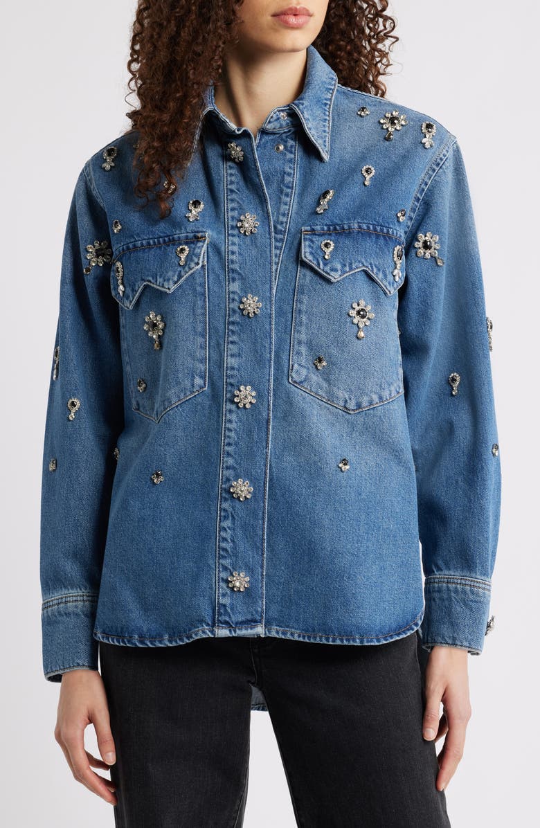 AllSaints Enna Embellished Denim Snap-Up Shirt, Alternate, color, 