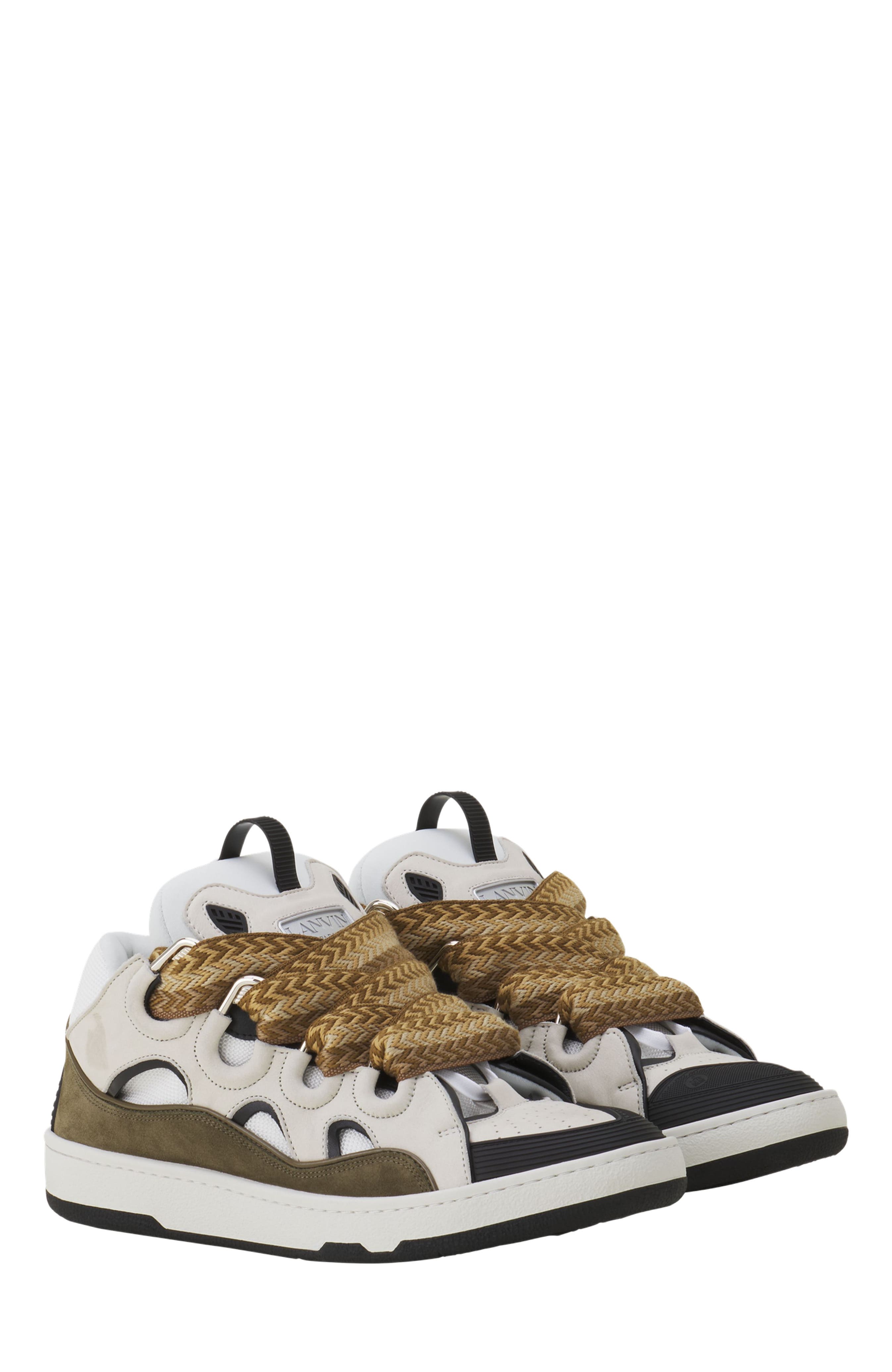 Lanvin Curb Leather Sneakers, Alternate, color, Blanc/Kaki