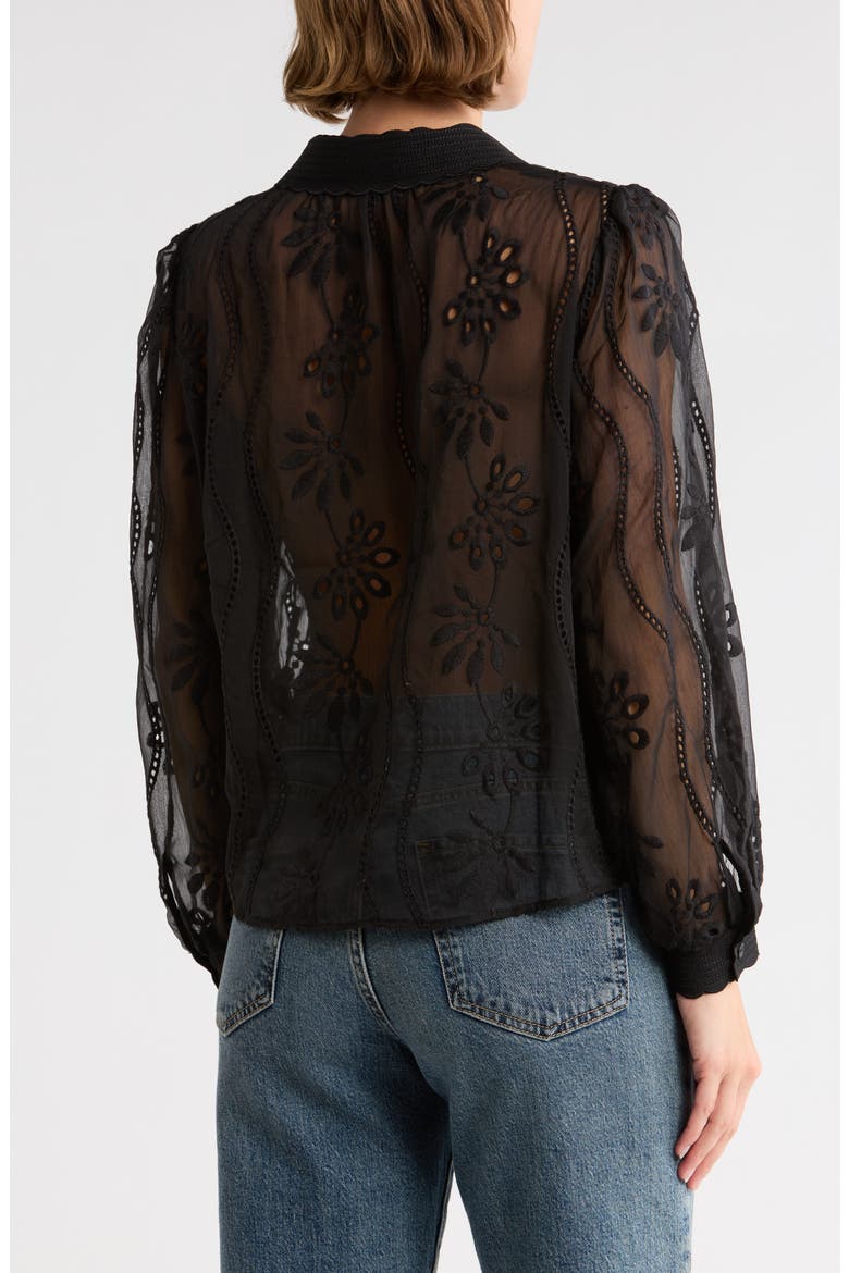 Long Sleeve Sheer Floral Eyelet Lace Button-Up Top, Alternate, color, BLACK