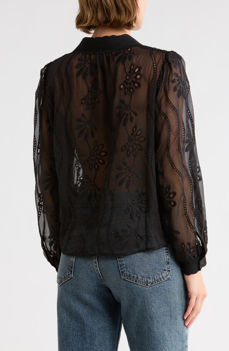 Adrianna Papell Long Sleeve Sheer Floral Eyelet Lace Button-Up Top, Alternate, color, Black