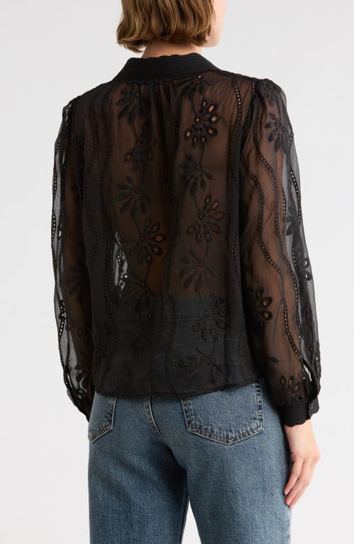 Adrianna Papell Long Sleeve Sheer Floral Eyelet Lace Button-up Top In Black