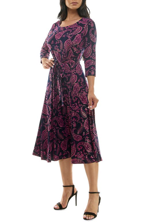 Nina Leonard Sylvia Floral A-line Midi Dress In Navy/berry Foil
