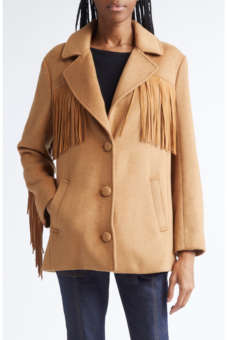 Keeley Fringe Trim Coat, Main, color, DARK CAMEL