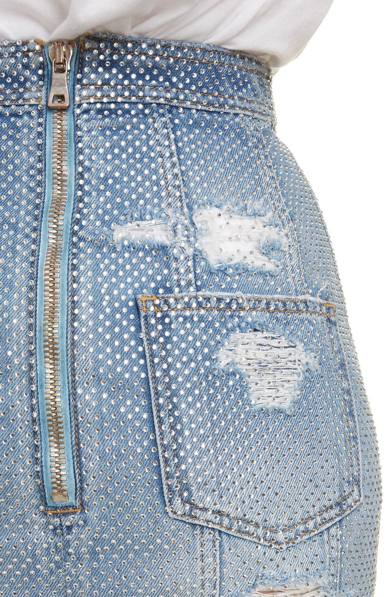 Balmain Crystal Studded Denim Skirt, Alternate, color,