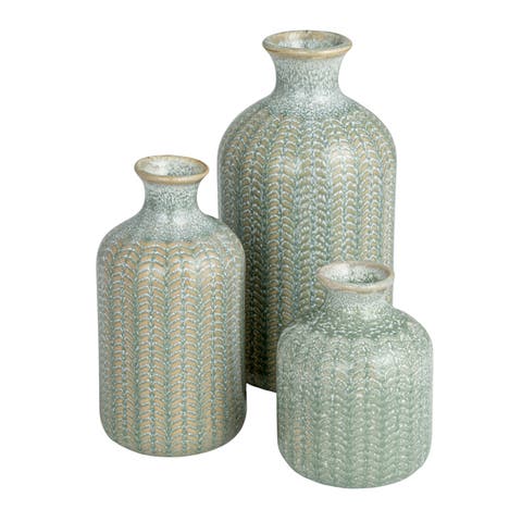 Embossed Stoneware Vases with Reactive Glaze, Grey, Set of 3