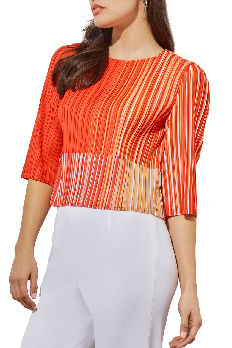 Stripe Plissé Elbow Sleeve Top, Main, color, FLAME STRIPE