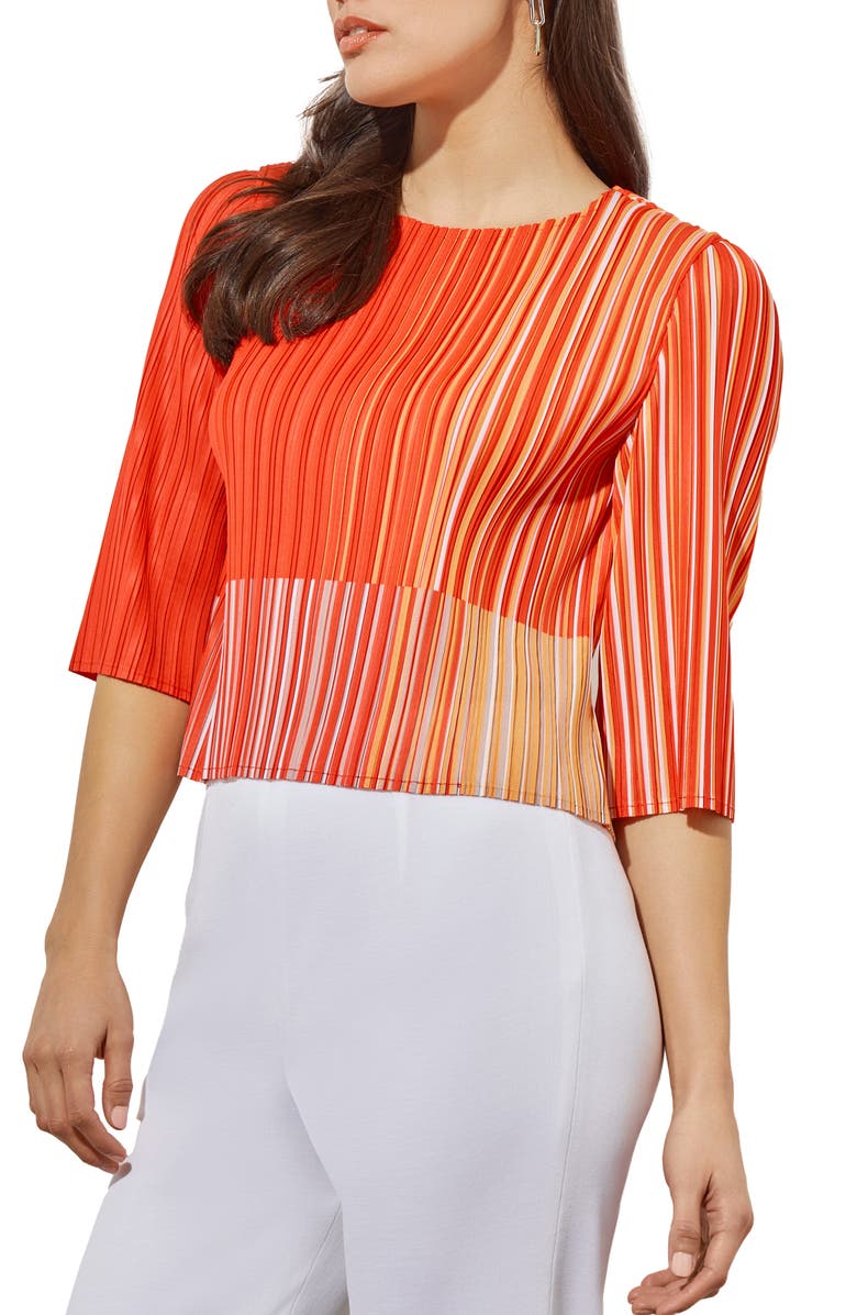 Ming Wang Stripe Plissé Elbow Sleeve Top, Main, color, Flame Stripe