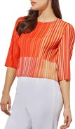 Ming Wang Stripe Plissé Elbow Sleeve Top