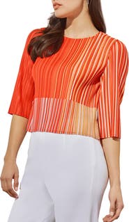 Ming Wang Stripe Plissé Elbow Sleeve Top