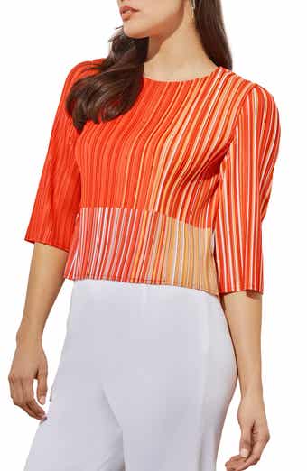Ming Wang Stripe Plissé Elbow Sleeve Top