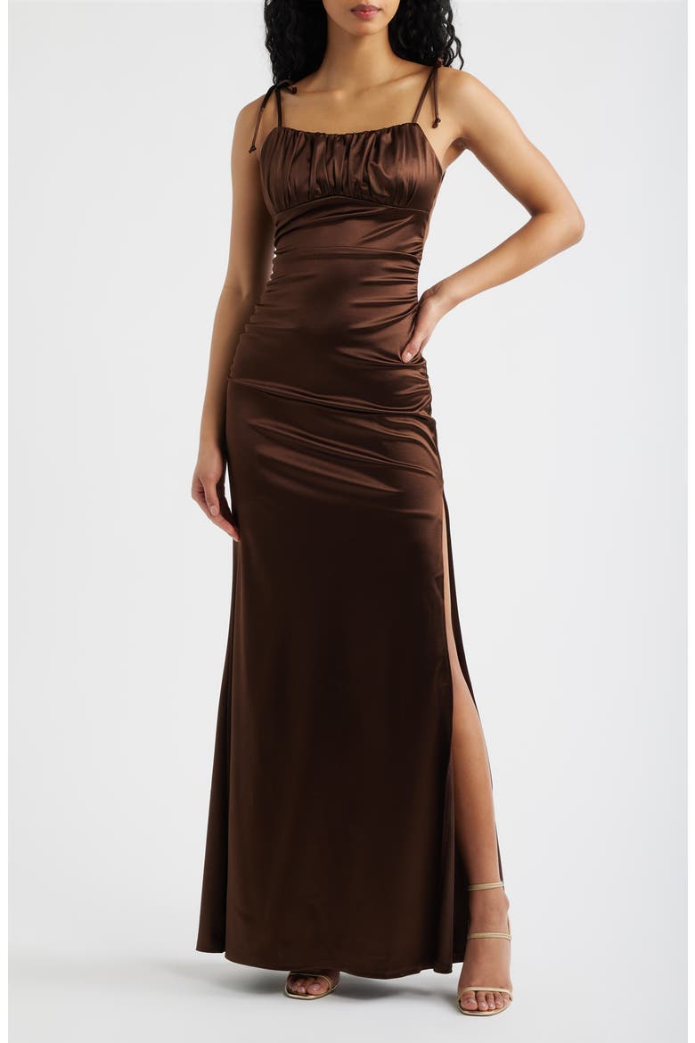 Emma Ruched Tie Strap Satin Gown, Main, color, CHOCOLATE