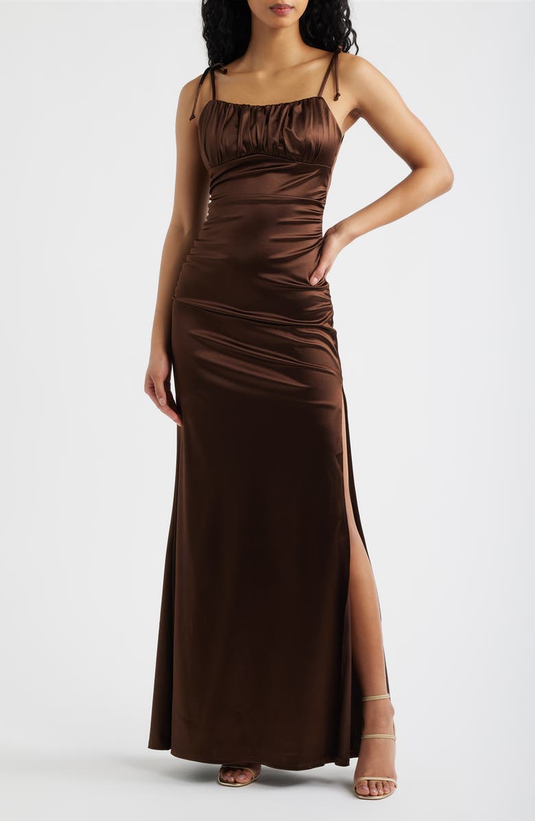 Emerald Sundae Emma Ruched Tie Strap Satin Gown, Main, color, Chocolate