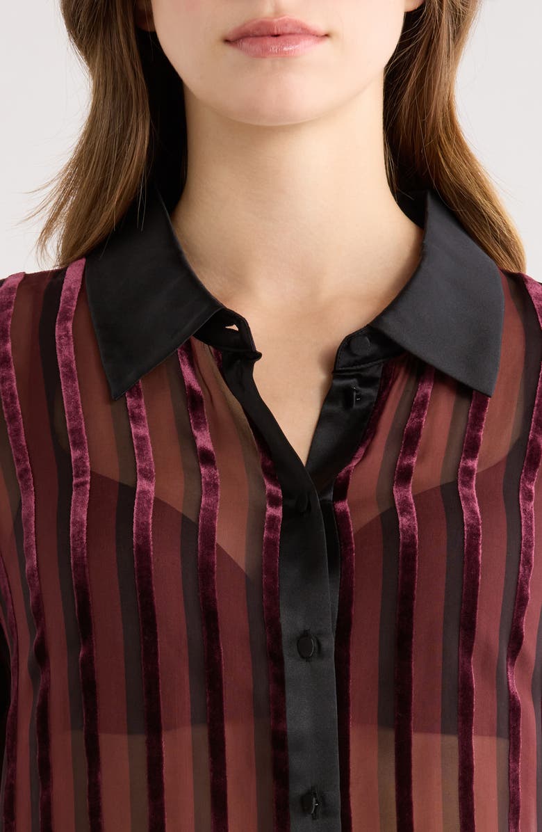 PAIGE Mazzy Velvet Stripe Sheer Silk Blend Shirt, Alternate, color, Aubergine/ Black