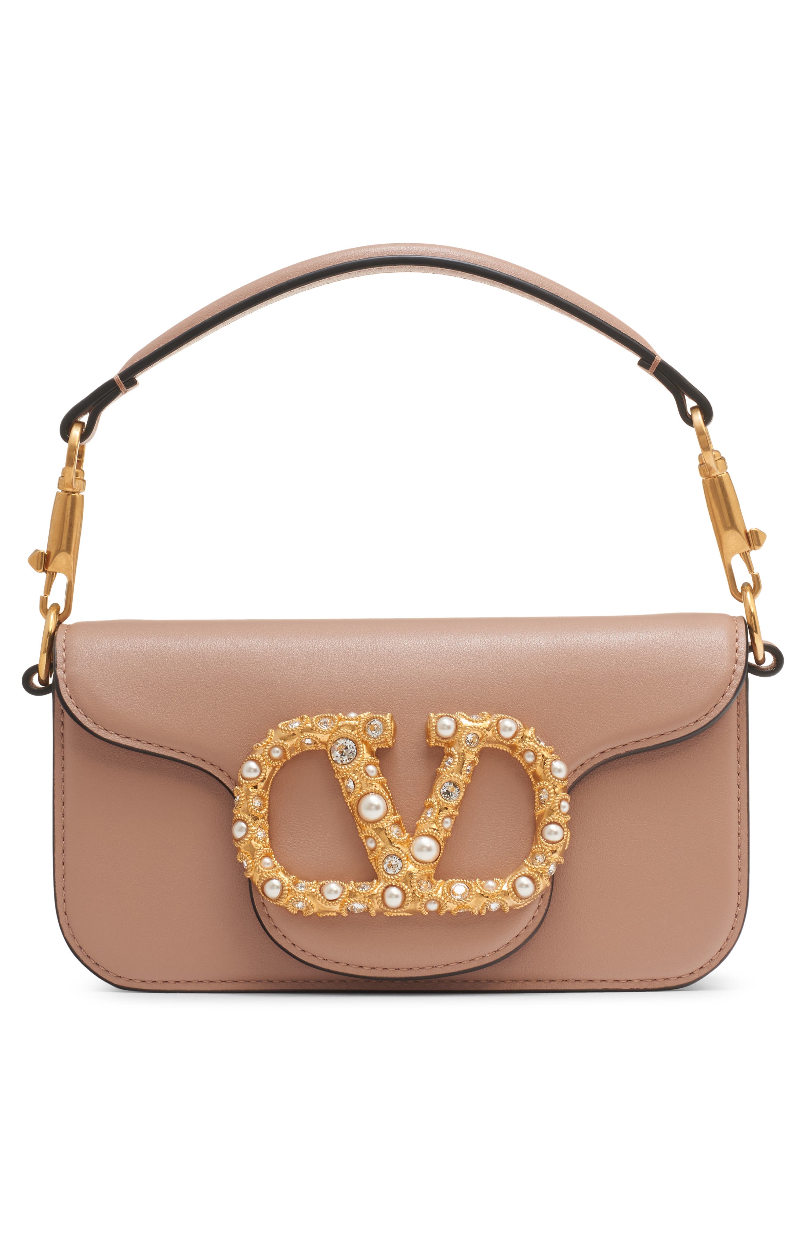 Valentino Garavani Small Locò Leather Shoulder Bag, Alternate, color, Rose Cannelle/ Cream Crystal