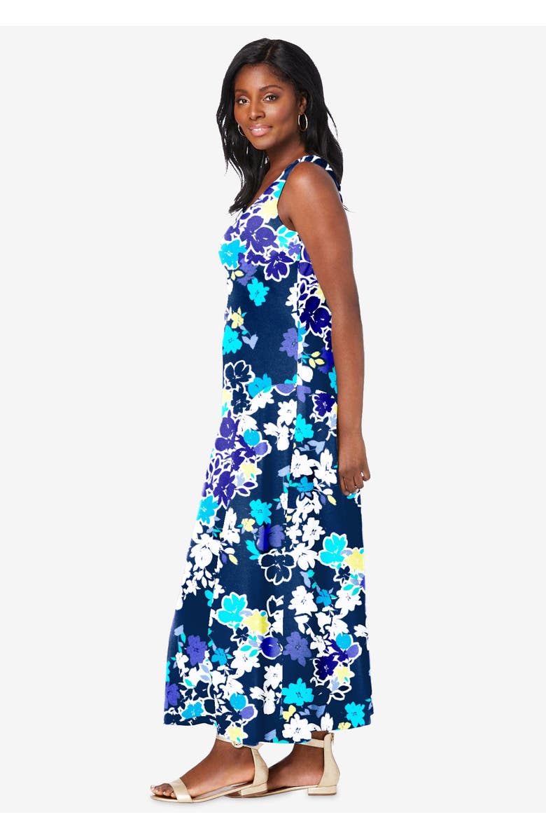 Jessica London Stretch Cotton Tank Maxi Dress, Alternate, color, Black Abstract Floral