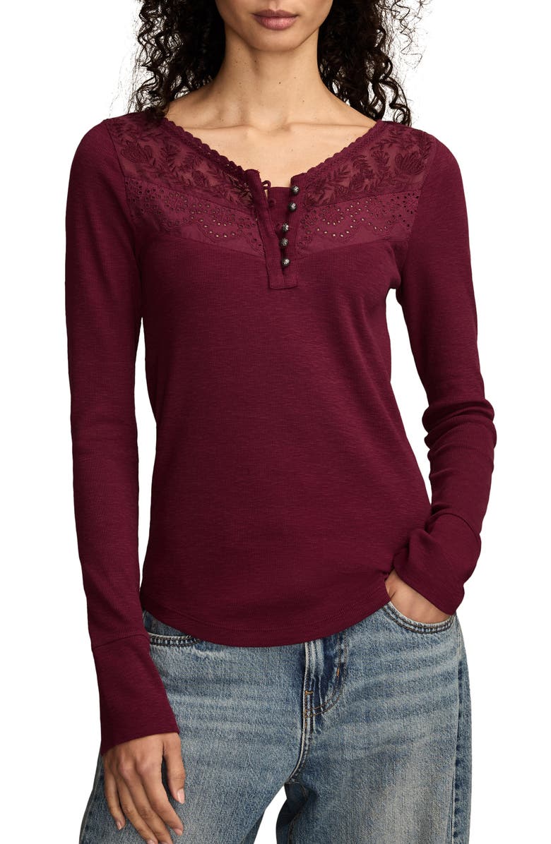 Lucky Brand Lace Yoke Cotton Henley, Main, color, Windsor Wine