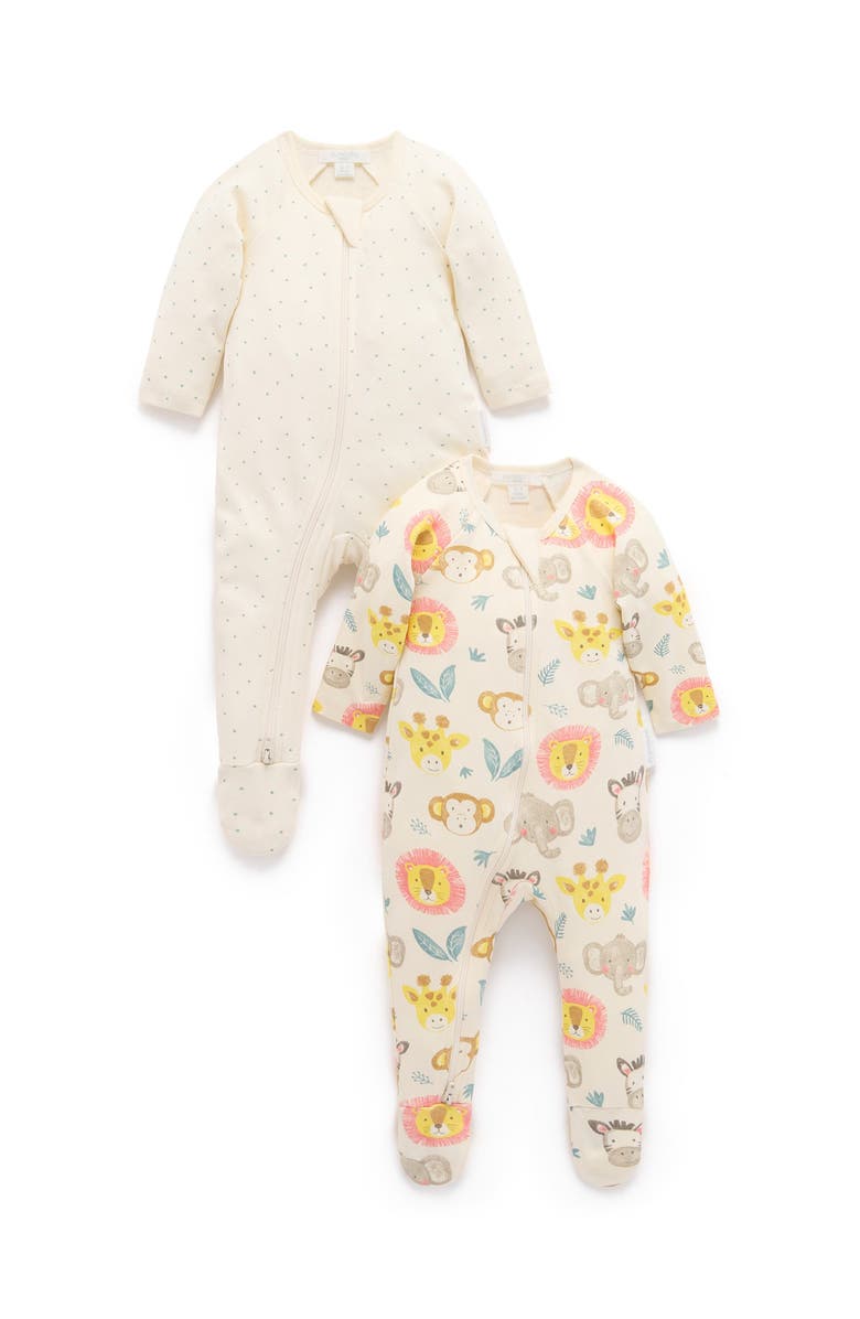 Purebaby 2 Pack Basics Printed Zip Footie Boys, Main, color, Savanna Friends Print