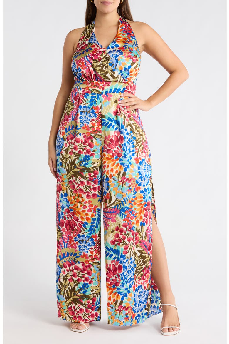 Floral Magic Moment Satin Halter Jumpsuit, Main, color, BLUE-PINK