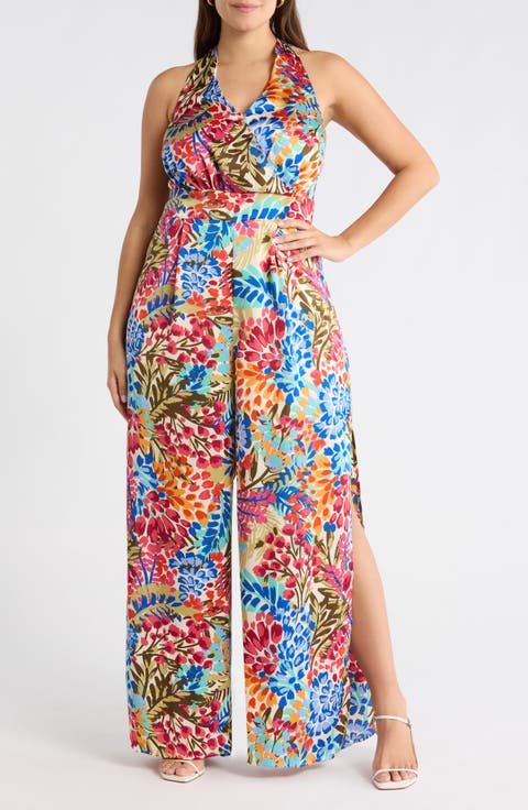 Floral Magic Moment Satin Halter Jumpsuit (Plus)