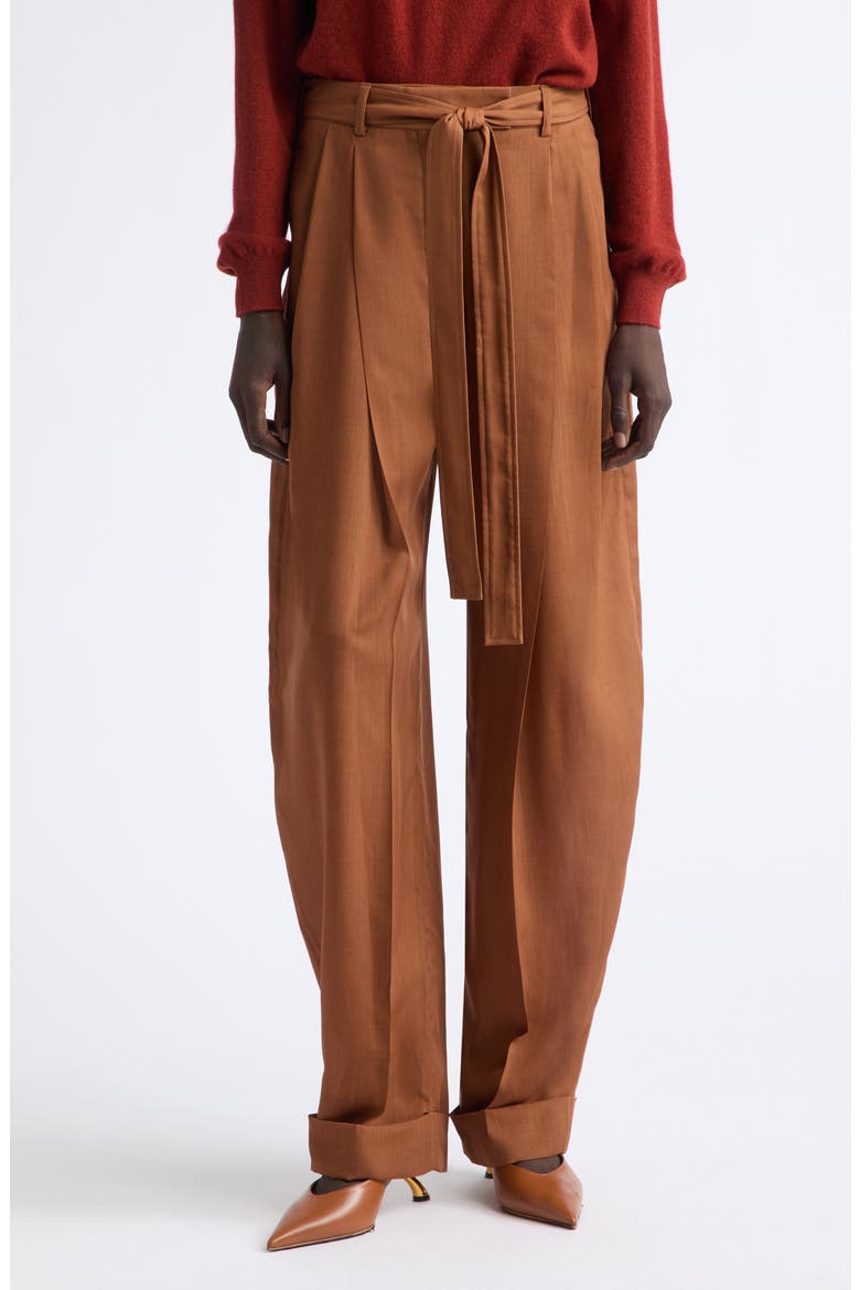 Belted Pleated Barrel Leg Virgin Wool Trousers, Main, color, COGNAC