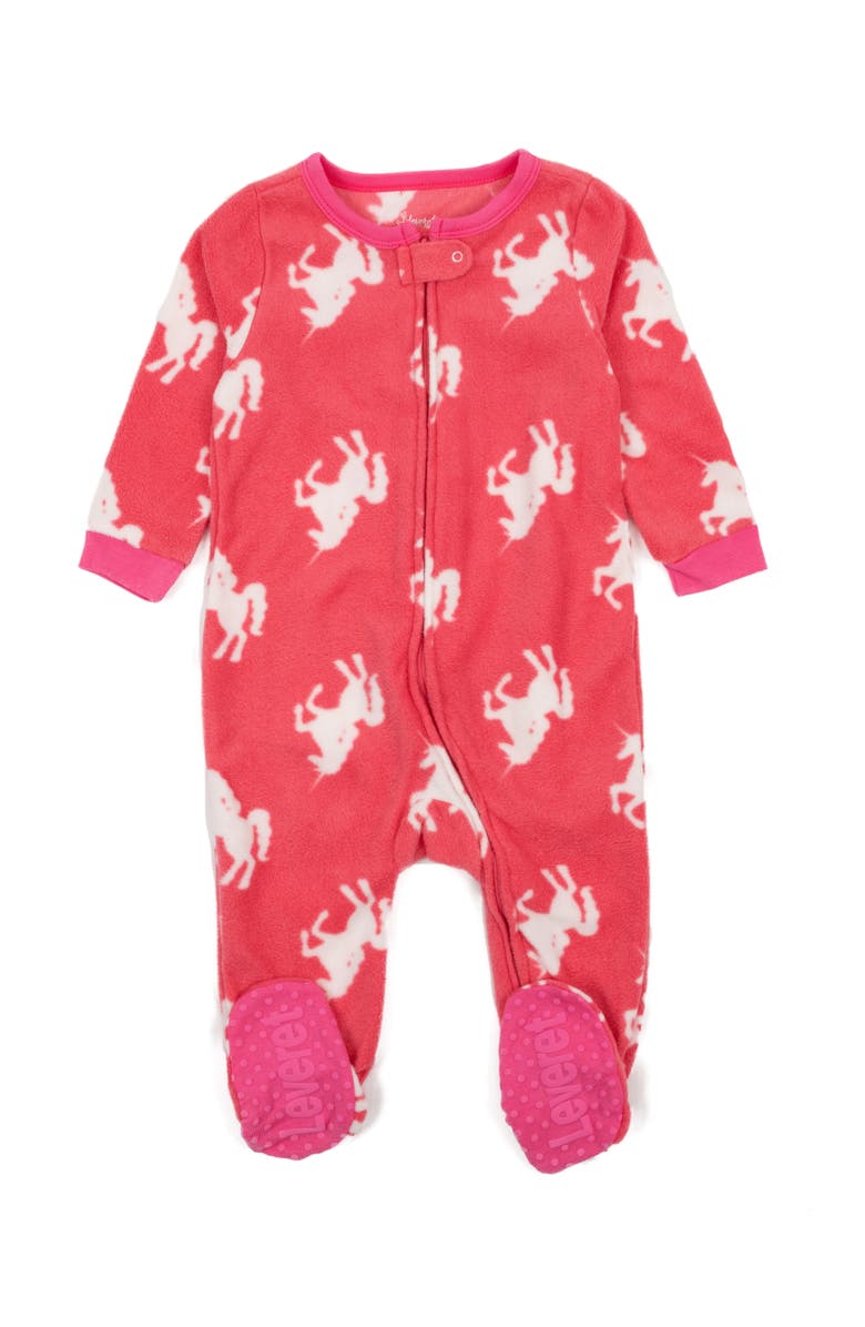 Leveret Fleece Footed Pajamas Holiday Print, Main, color, Unicorn Pink