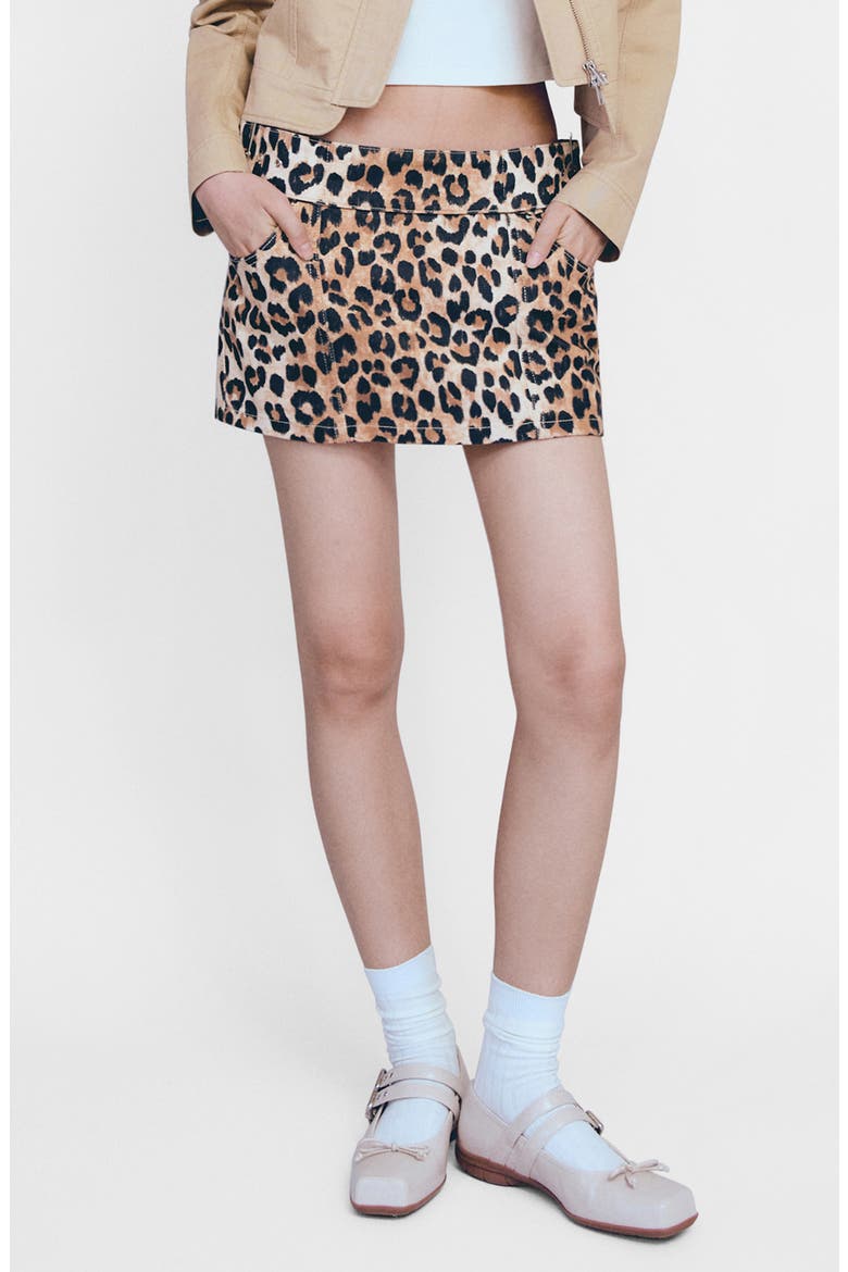 Leopard Print Denim Miniskirt, Main, color, BEIGE