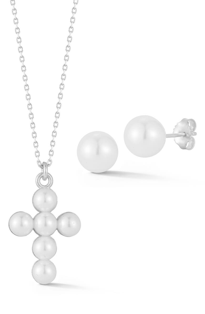GLAZE JEWELRY Cultured Freshwater Pearl Cross Pendant Necklace & Stud Earrings Set, Main, color, 