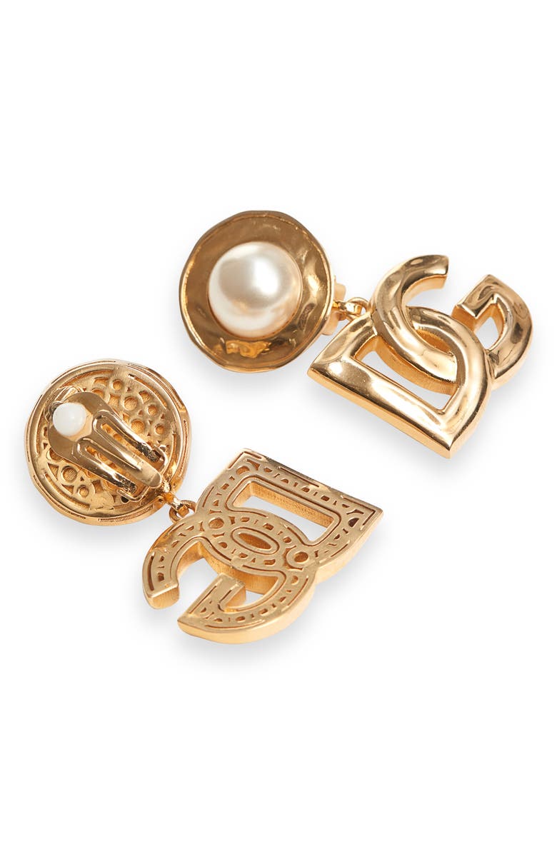 Dolce&Gabbana DG Logo Imitation Pearl Clip-On Earrings, Alternate, color, Zoo00 Oro