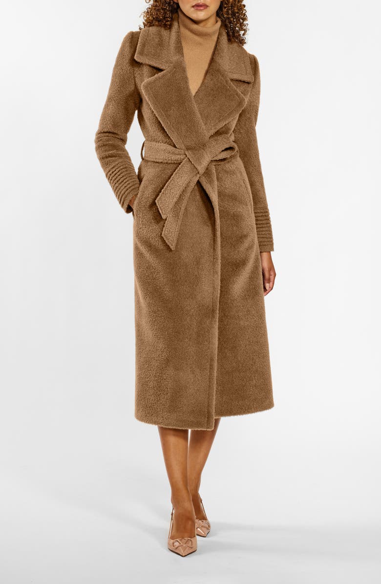 SENTALER Bouclé Wool & Alpaca Blend Wrap Coat, Main, color, Dark Camel
