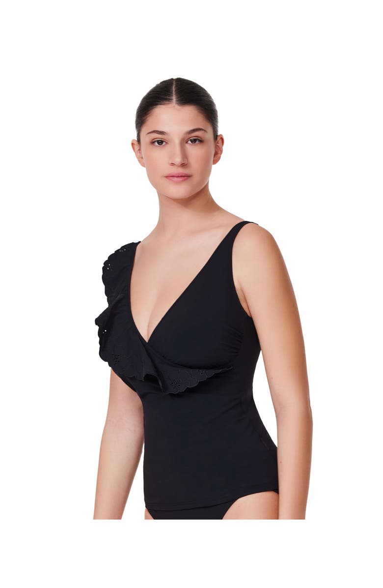 Profile by Gottex Bachelorette Ruffle V-Neck Surplice Tankini Top, Alternate, color, Black