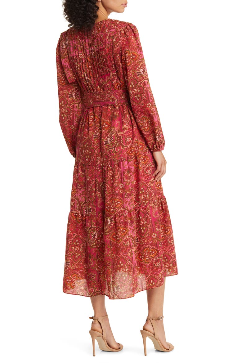 Paisley Long Sleeve Belted Midi Dress, Alternate, color, RED MULTI