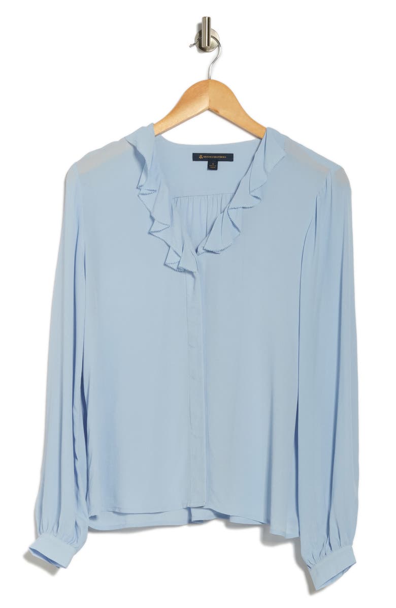Brooks Brothers Ruffle Long Sleeve Button-Up Shirt, Alternate, color, Chambray