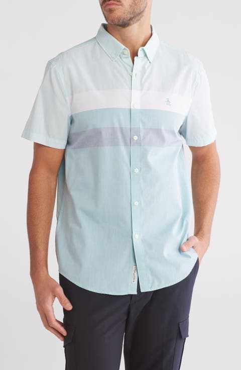 Short Sleeve Cotton Blend Poplin Button-Up Shirt
