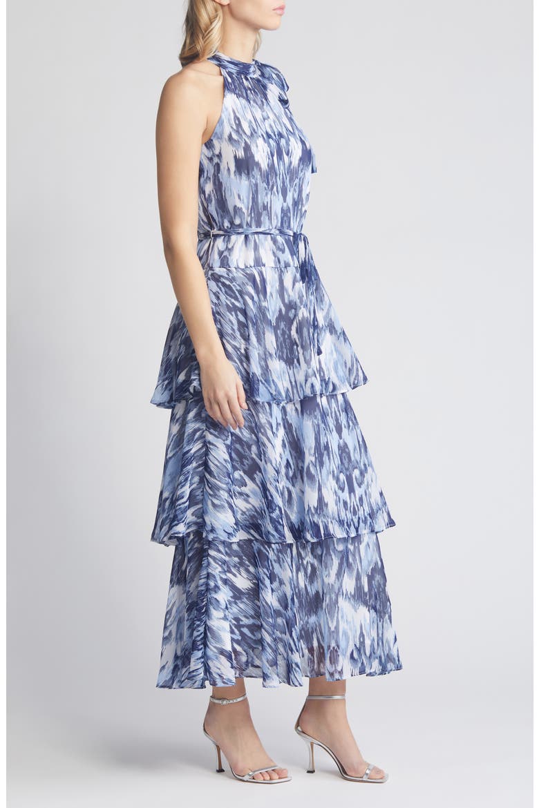 Tiered Tie Neck Maxi Dress, Alternate, color, BLUE MULTI